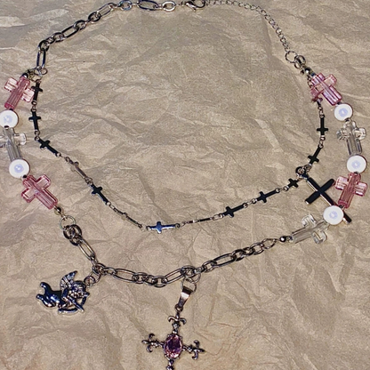 Pink Crystal Cross Cherub Layered Necklace