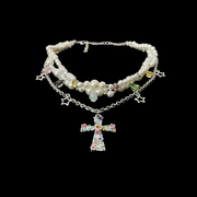 Pearl Cross Charm Necklace — Dreamy Y2K Vintage Layered Jewelry