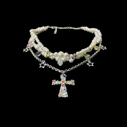Pearl Cross Charm Necklace | Dreamy Y2K Vintage Layered Jewelry