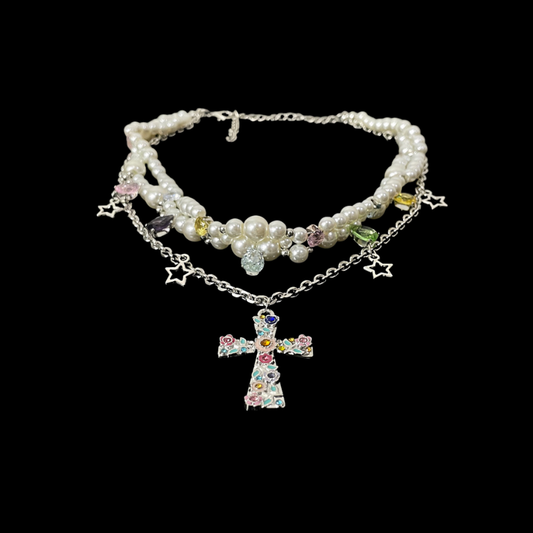 Pearl Cross Charm Necklace | Dreamy Y2K Vintage Layered Jewelry