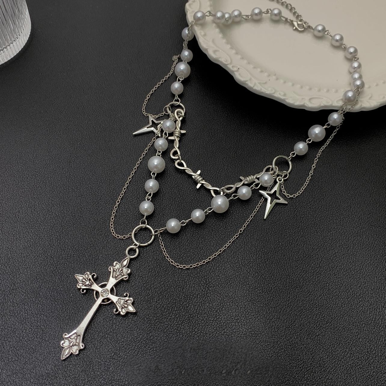 Vintage Pearl Cross Layered Necklace – Gothic Star Charm Statement Necklace