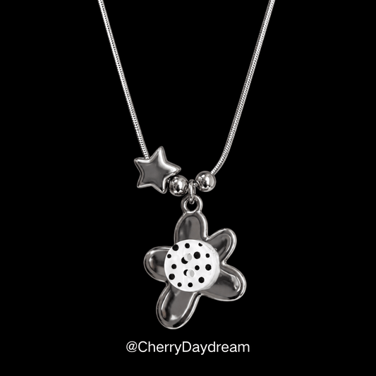 Silver Button Flower Star Necklace