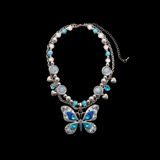 Blue Butterfly Pearl Layered Necklace – Dreamy Fairycore Statement Jewelry