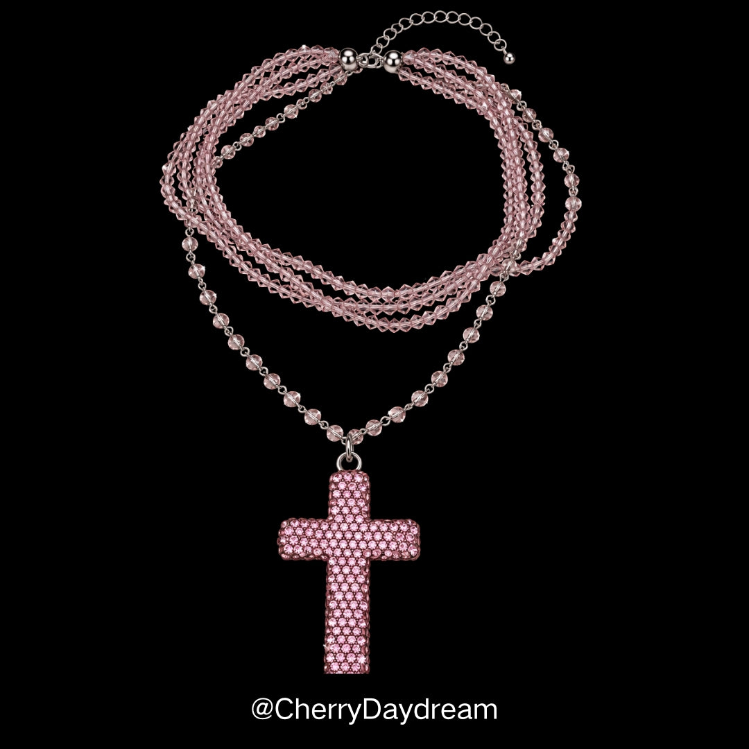 Handmade Pink Crystal Cross Layered Necklace