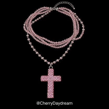 Handmade Pink Crystal Cross Layered Necklace