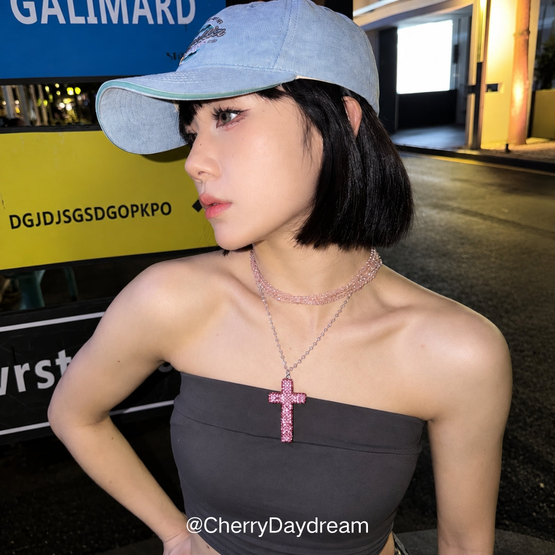 Handmade Pink Crystal Cross Layered Necklace