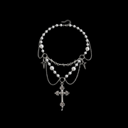 Vintage Pearl Cross Layered Necklace – Gothic Star Charm Statement Necklace