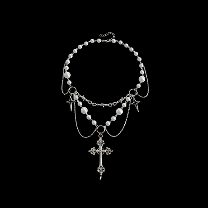 Vintage Pearl Cross Layered Necklace – Gothic Star Charm Statement Necklace