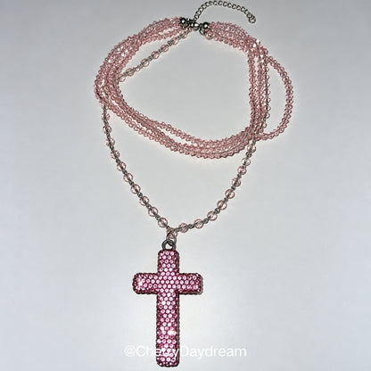 Handmade Pink Crystal Cross Layered Necklace