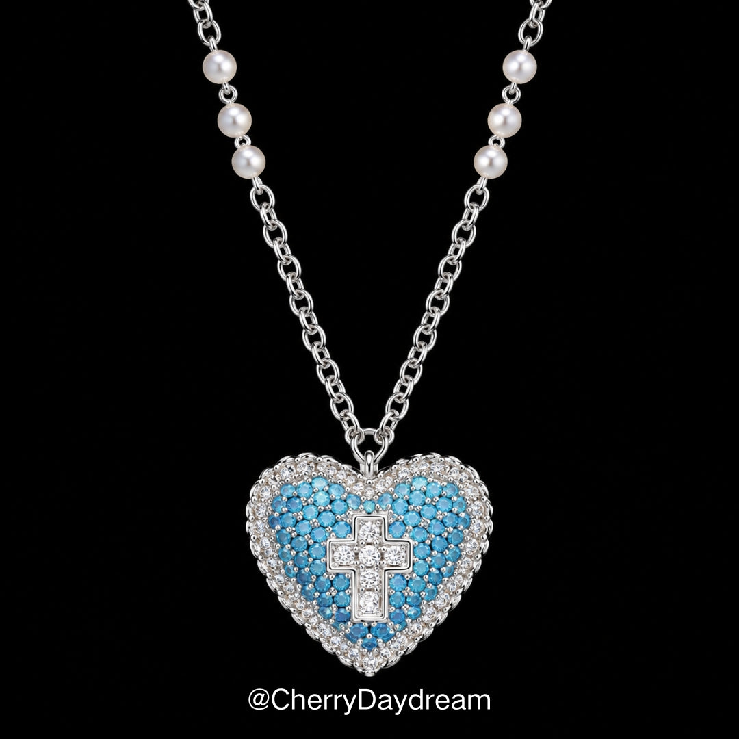 Blue Heart Cross Long Pendant Necklace