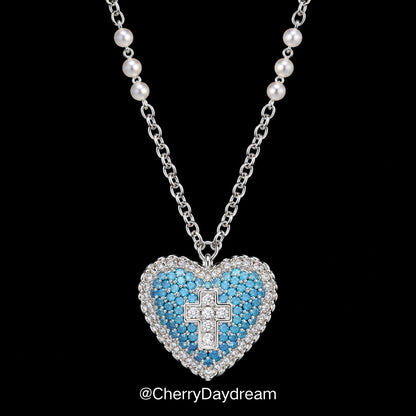 Blue Heart Cross Long Pendant Necklace