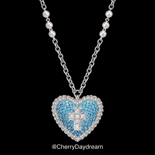 Blue Heart Cross Long Pendant Necklace