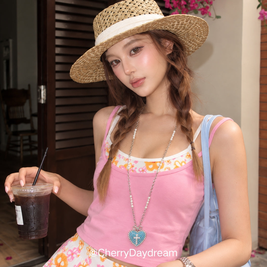 Blue Heart Cross Long Pendant Necklace