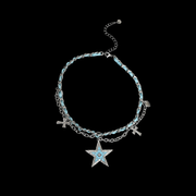Blue Star Layered Chain Necklace – Y2K Gothic Cross Charm Statement Necklace