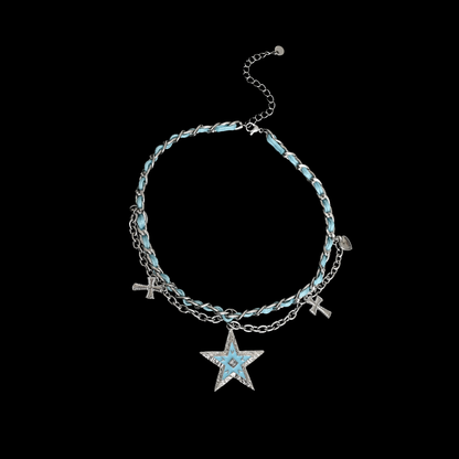 Blue Star Layered Chain Necklace – Y2K Gothic Cross Charm Statement Necklace