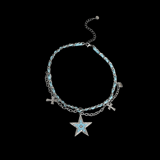 Blue Star Layered Chain Necklace – Y2K Gothic Cross Charm Statement Necklace
