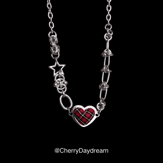 Tartan Heart Necklace — Y2K Gothic Plaid Charm Necklace