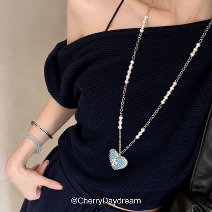 Blue Heart Cross Long Pendant Necklace