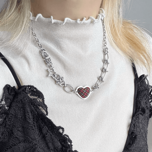 Tartan Heart Necklace — Y2K Gothic Plaid Charm Necklace