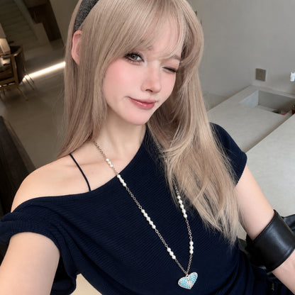 Blue Heart Cross Long Pendant Necklace