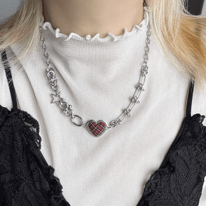 Tartan Heart Necklace — Y2K Gothic Plaid Charm Necklace