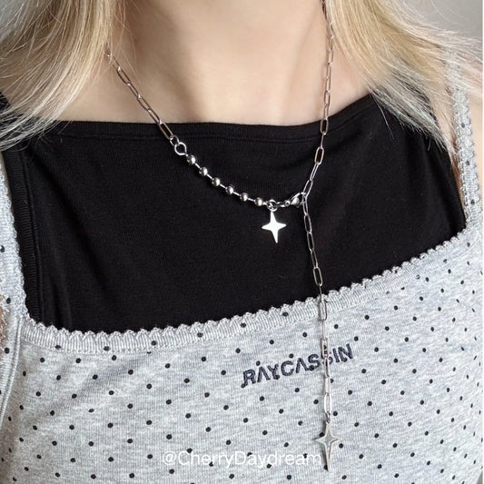 Silver Double Star Y-Chain Necklace