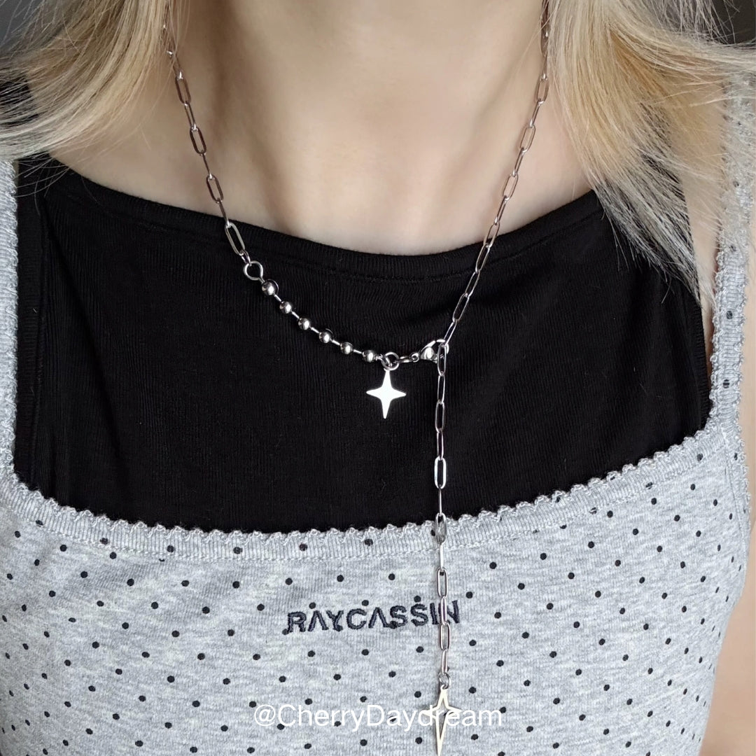 Silver Double Star Y-Chain Necklace