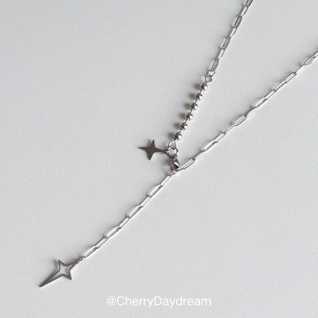 Silver Double Star Y-Chain Necklace
