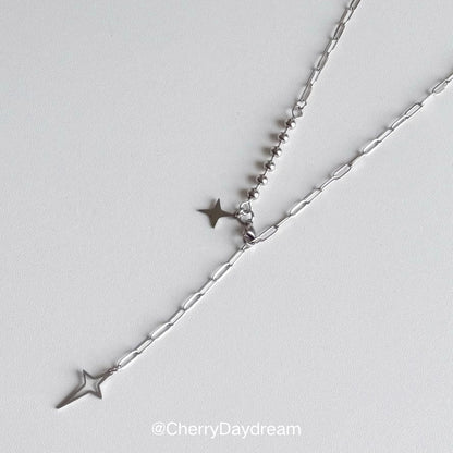 Silver Double Star Y-Chain Necklace
