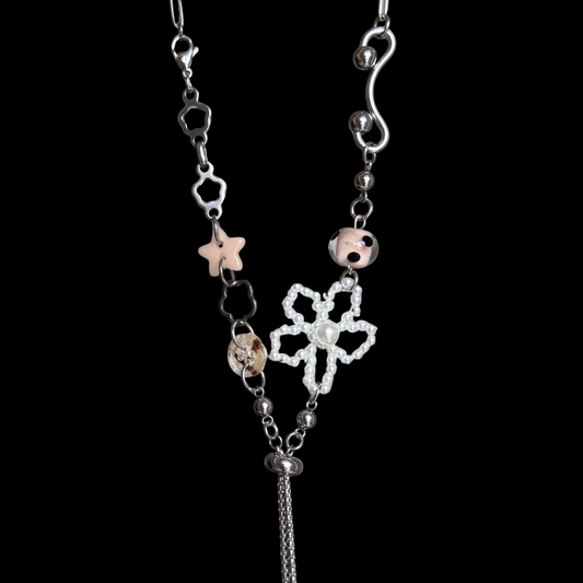 Flower Charm Necklace — Y2K Silver Floral Statement Necklace