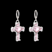 Love Spell Cross Earrings – Dreamy Pink Heart Crystal Y2K Earrings