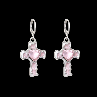 Love Spell Cross Earrings – Dreamy Pink Heart Crystal Y2K Earrings