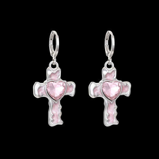Love Spell Cross Earrings – Dreamy Pink Heart Crystal Y2K Earrings