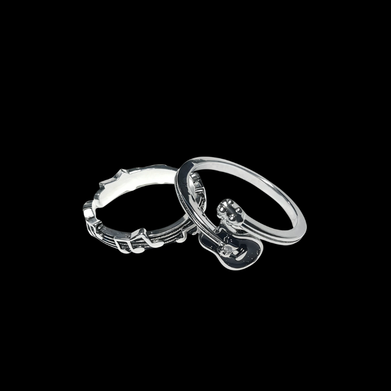 Guitar & Music Note Stackable Rings | Vintage Silver Tone Alloy Jewelry Set