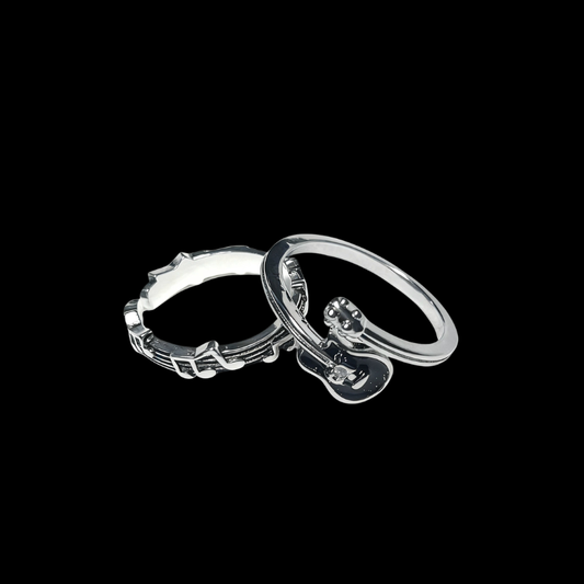 Guitar & Music Note Stackable Rings | Vintage Silver Tone Alloy Jewelry Set