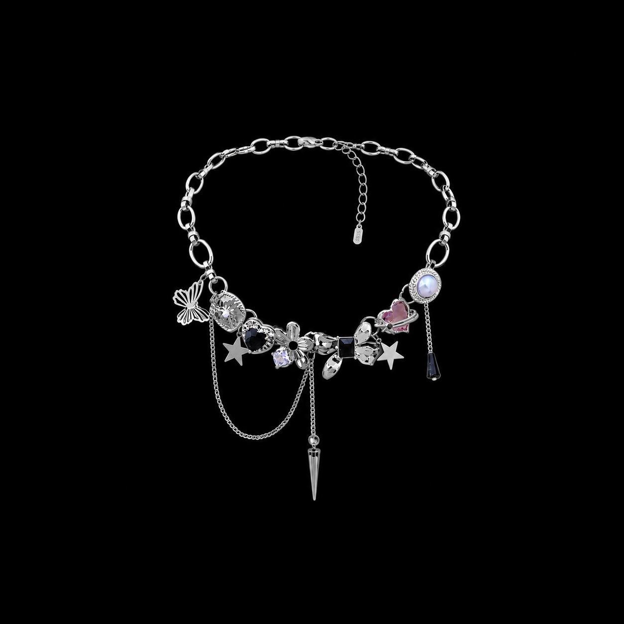 Celestial Charm Chain Necklace – Y2K Silver Alloy Statement Choker Necklace with Stars & Butterfly Pendants