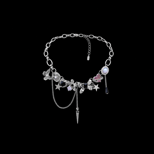 Celestial Charm Chain Necklace – Y2K Silver Alloy Statement Choker Necklace with Stars & Butterfly Pendants
