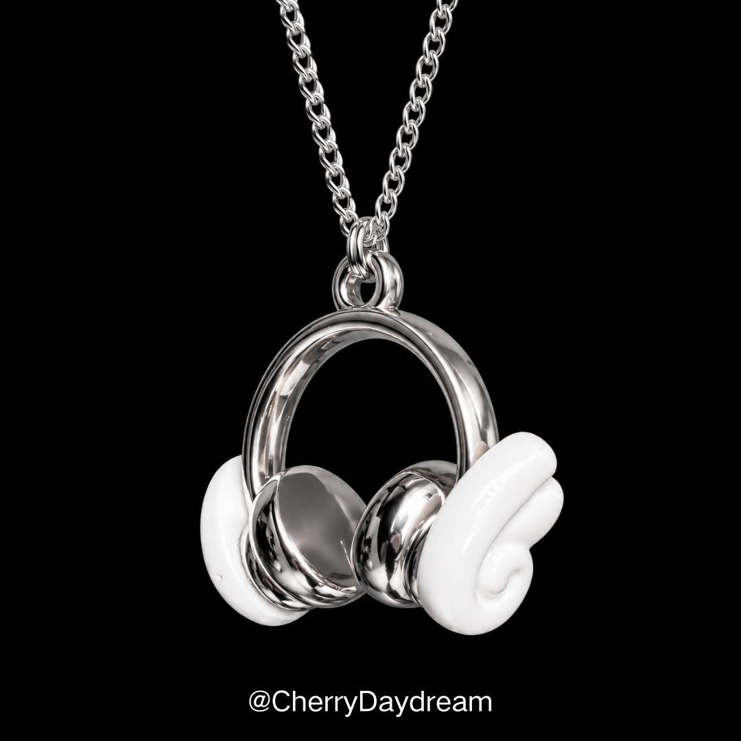 Silver Headphones Wing Pendant Necklace