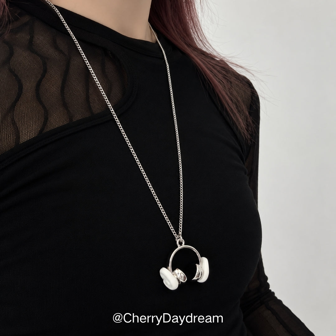 Silver Headphones Wing Pendant Necklace