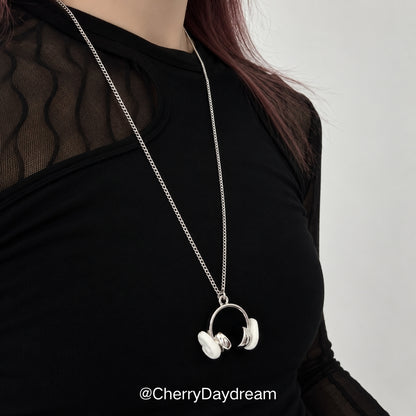 Silver Headphones Wing Pendant Necklace