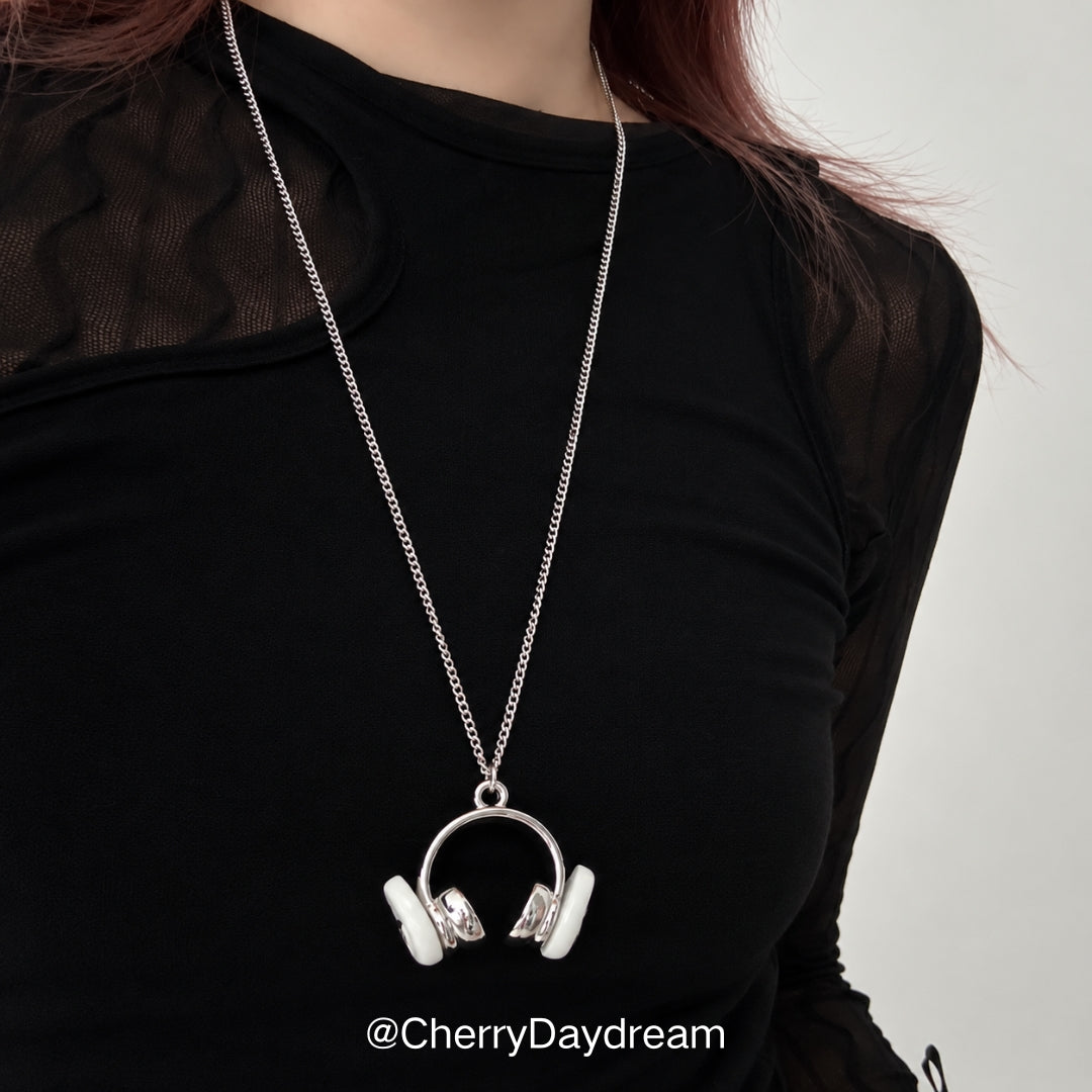 Silver Headphones Wing Pendant Necklace
