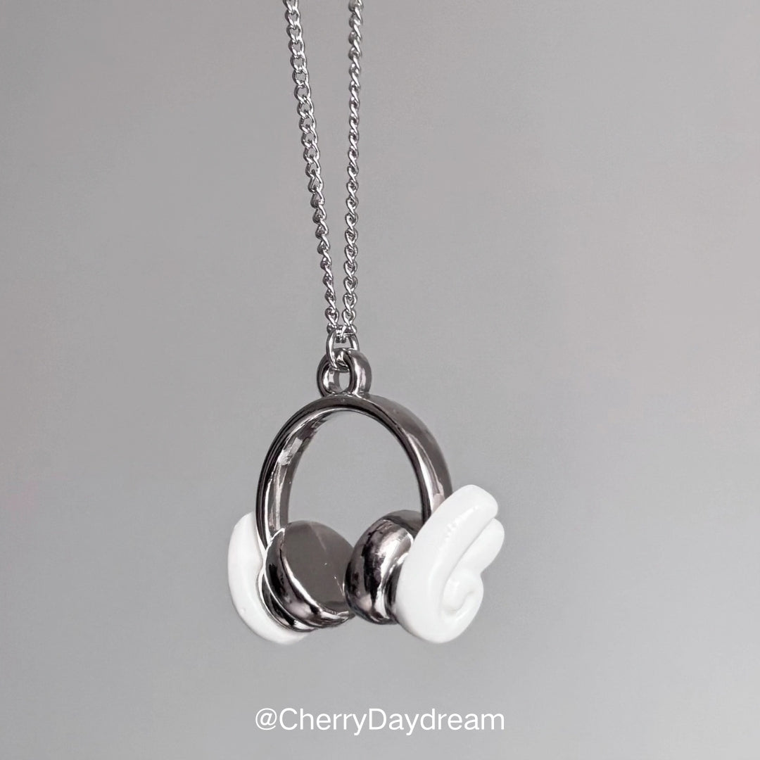 Silver Headphones Wing Pendant Necklace