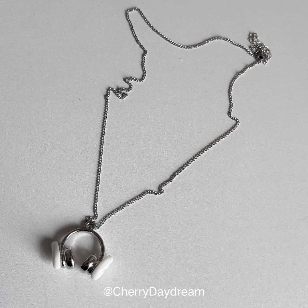 Silver Headphones Wing Pendant Necklace