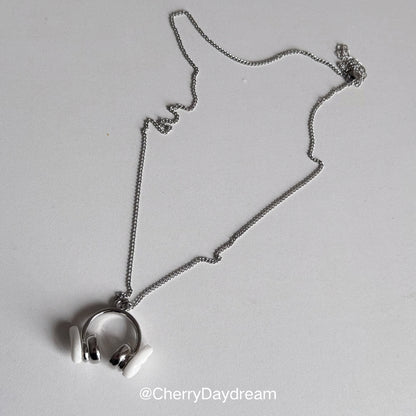 Silver Headphones Wing Pendant Necklace