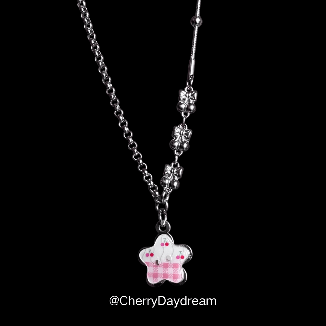 Pink Cherry Plaid Star Button Necklace