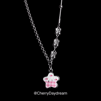 Pink Cherry Plaid Star Button Necklace