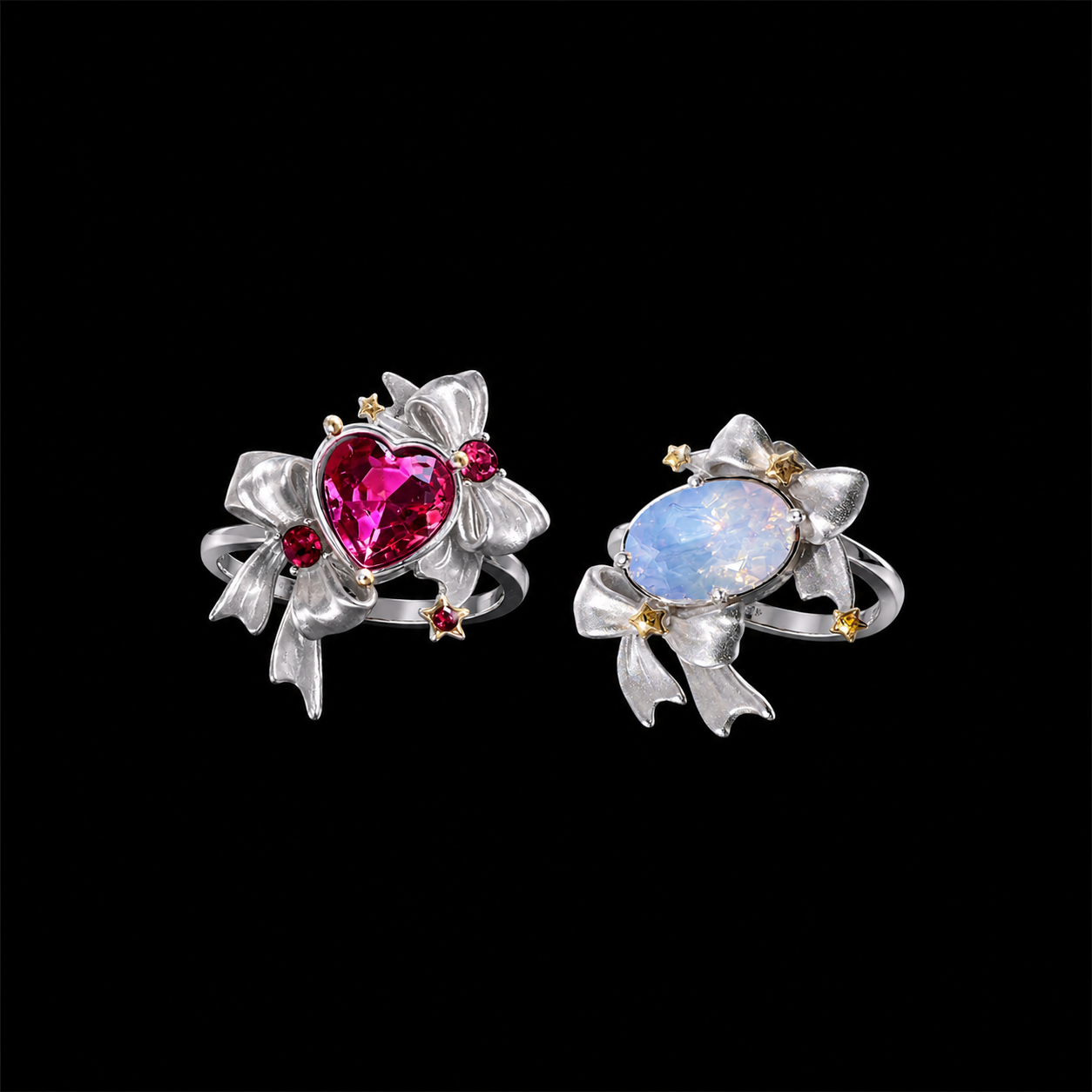 Love Spell Crystal Bow Ring – Y2K Silver Heart Gemstone Adjustable Statement Ring