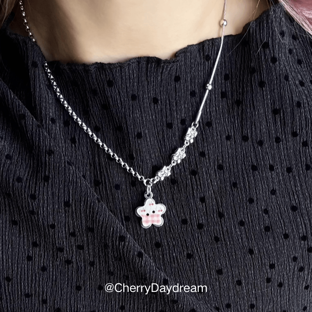 Pink Cherry Plaid Star Button Necklace