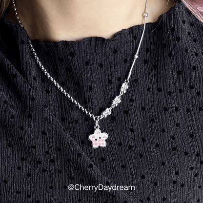 Pink Cherry Plaid Star Button Necklace