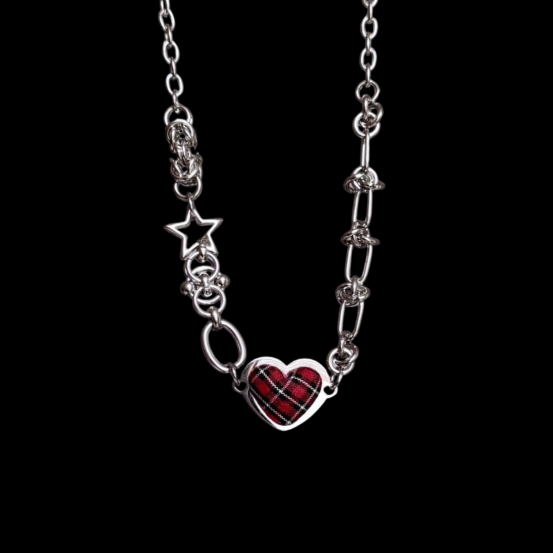 Tartan Heart Necklace — Y2K Gothic Plaid Charm Necklace